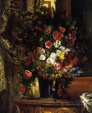 Un jarrón de flores sobre una consola Romántico Eugene Delacroix Pinturas al óleo